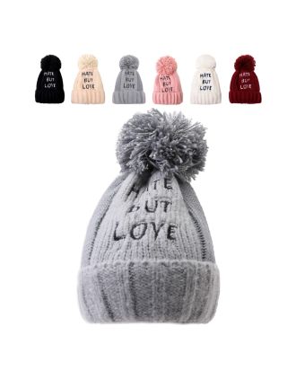 Assorted "Hate But Love" Beanie With Lining and Pom Pom