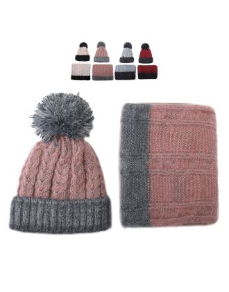 Assorted Color Matching Beanie and Scarf with Pom Pom