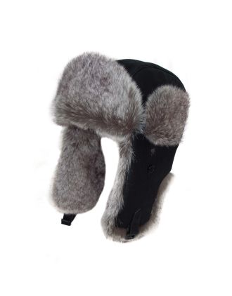 Adults' Unisex Black Leather Look Trapper Hat With Black Faux Fur Trim