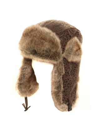 Women's Brown Animal Print Trapper Hat With Faux Fur Trim