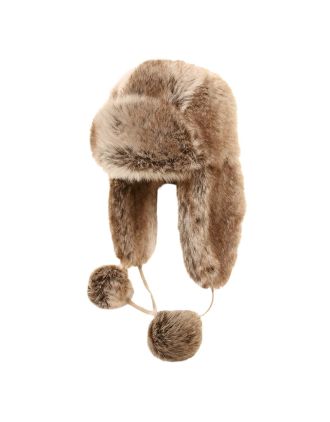 Hawkins Collection Ladies Brown Faux Fur Trapper Hat With Pom-Poms