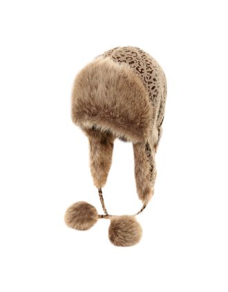 Hawkins Polar Expo Women's Animal Print Trapper Hat With Faux Fur Trim, Pom-Poms And Elasticated Detailing At Back