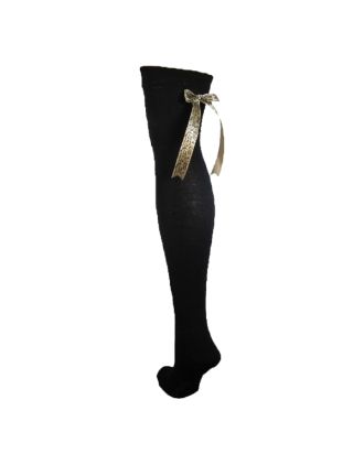 Gold Leopard Ribbon On Black Over The Knee Socks