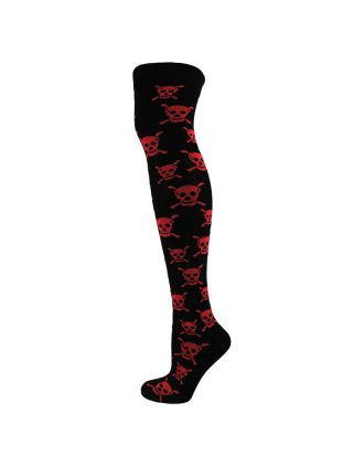 Skull in Square Black Over The Knee Socks