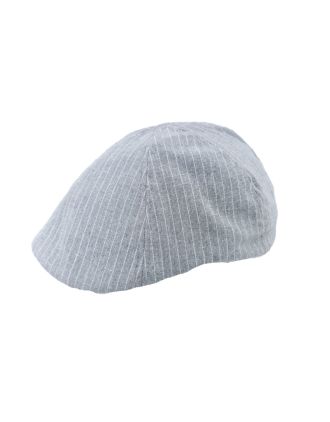 Six Panel Silver and White Thin Stripes Linen Flat Cap