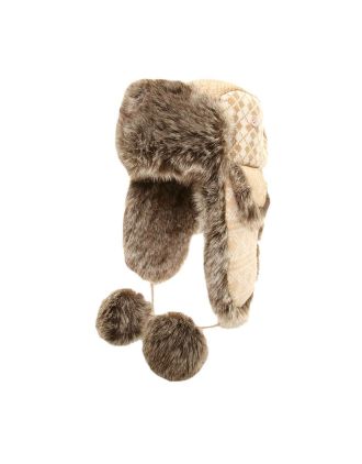 Two Tone Trapper Hat With Faux Fur Trim And Faux Fur Pom-Poms