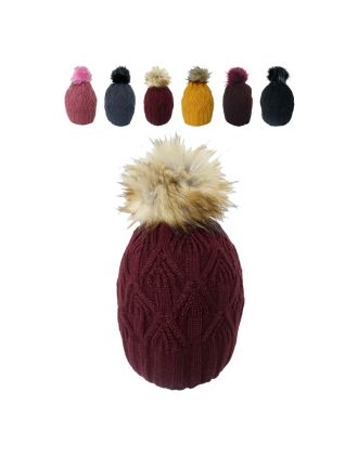 Cable Faux Fur Pom Pom Line Beanie Hat