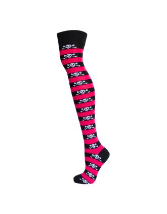 Pink Skull Stripe Over The Knee Socks