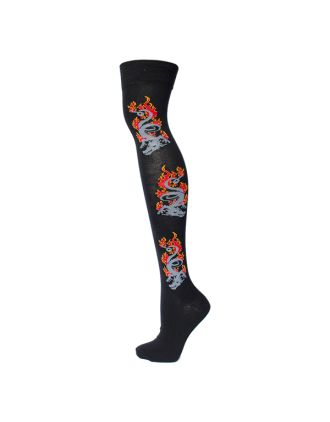 Light Grey Dragon On Flame Over The Knee Socks