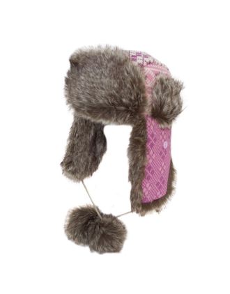 Assorted Colours Knitted Diamond Design  Faux Fur Trim Trapper Hat 