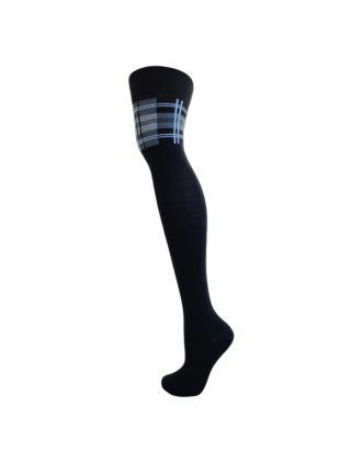 Grey Check Design on Black Over the Knee Socks