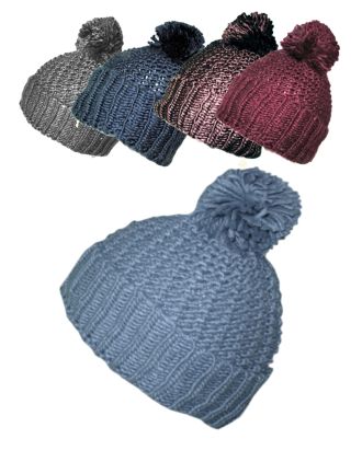 Knitted Coloured Beanie With Bobble