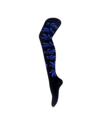 Blue Leaf on Black Over the Knee Socks
