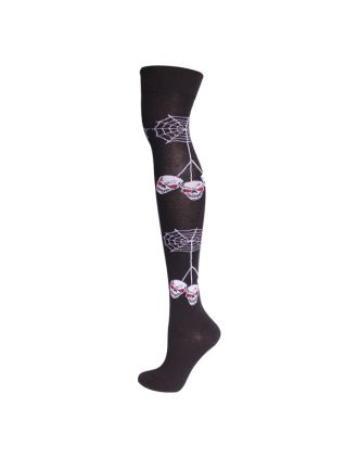 White Skull On Web Over The Knee Socks