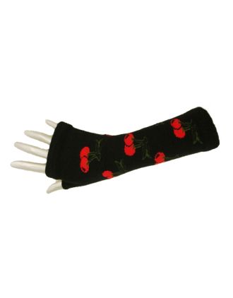 Cherry Design On Black Fingerless Long Gloves