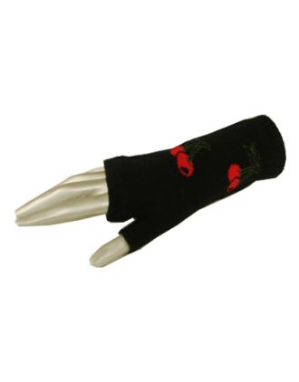 Cherry Design On Black Fingerless Short Gloves