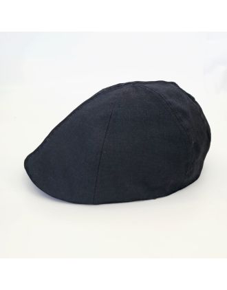 Black Six Panel Linen Flat Cap