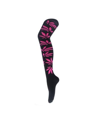 Fuchsia Leaf on Black Over the Knee Socks