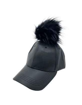 PU Black Baseball Hat with Faux Fur Pom Pom