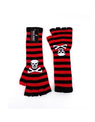 White Skull On Red Stripe Long Fingerless Gloves