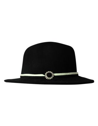 Black Fedora With White Band, Adjustable Lining And Diamond Gems