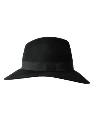 Unisex Black Wide Brimmed Fedora With Simple Band And Adjustable Silk Lining