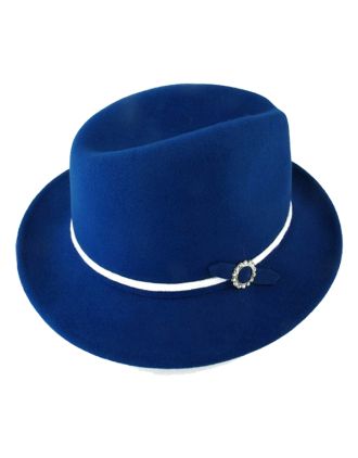 Blue Fedora With White Band, Adjustable Lining And Diamond Gems