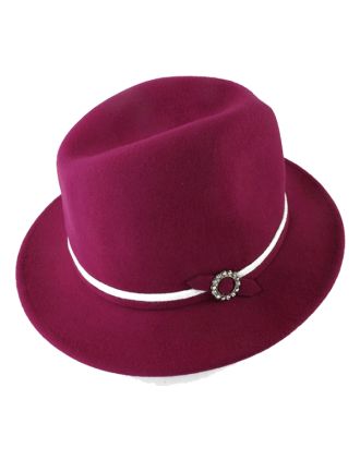Fuchsia Fedora With White Band, Adjustable Lining And Diamond Gems