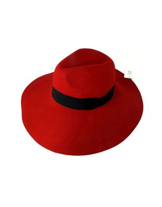 100% Wool Red Floppy Fedora With Wide Brim, Simple Band And Adjustable Lining
