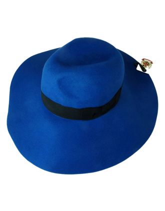 100% Wool Blue Floppy Fedora With Wide Brim, Simple Band And Adjustable Lining