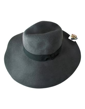 100 % Wool Grey Floppy Fedora With Wide Brim, Simple Band And Adjustable Lining
