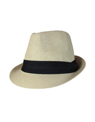 Beige Straw Trilby Hat With Black Band
