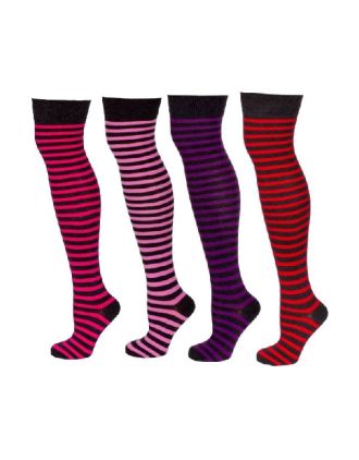 Assorted Colourful Thin Stripes on Grey Over The Knee Socks