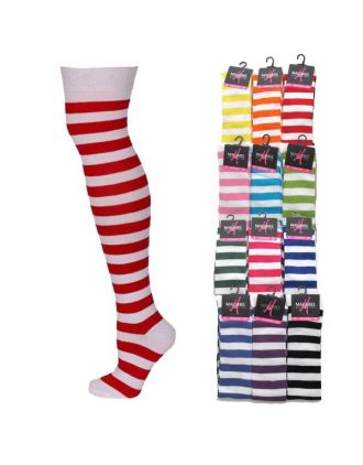 Assorted 2 Colours On White Thick Stripes Over The Knee Socks