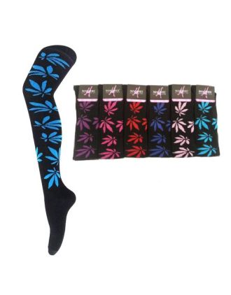 Assorted Leaf On Black Over The Knee Socks