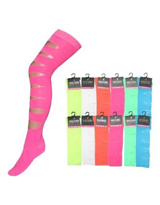 Plain Assorted Neon Colours Slashed Design Over the Knee Socks