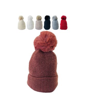 Ribbed Knit PomPom Beanie Hats