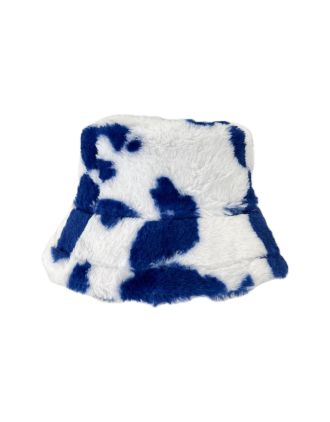 Blue & White Roll Back Cow Print Bucket Hat