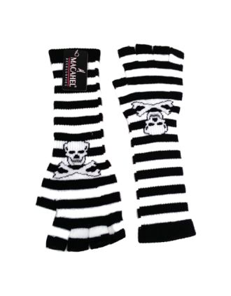 White Skull On White Stripe Long Fingerless Gloves