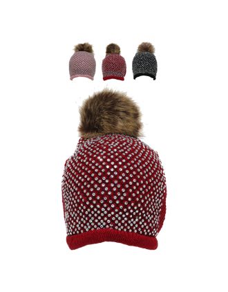 Macahel Beaded Beanie with Faux Fur Pom Pom