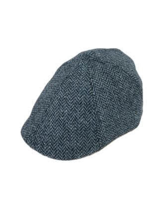 Herringbone Six Panel Flat Cap Grey Charcoal Blue Lines