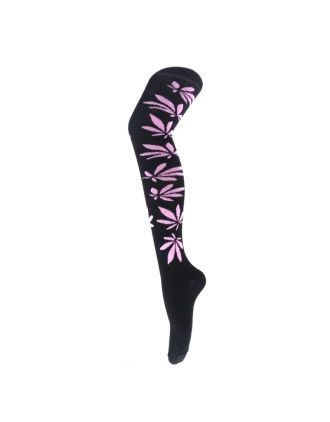 Pink Leaf on Black Over the Knee Socks