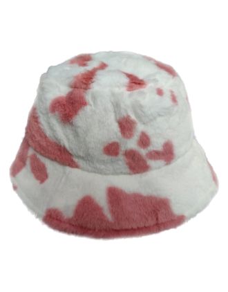 Pink & White Roll Back Cow Print Bucket Hat