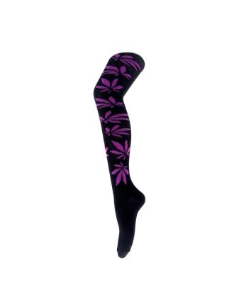 Purple Leaf on Black Over the Knee Socks