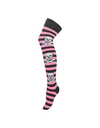 Pink Skull Stripe Over The Knee Socks