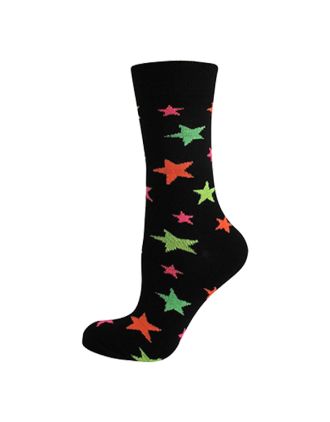 Women's Neon Assorted Stars on Black Ankle Socks