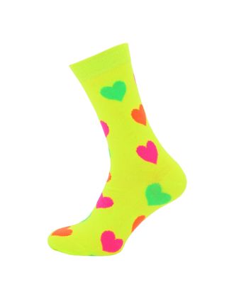 Ladies Ankle Neon Yellow With Neon Hearts Design Socks