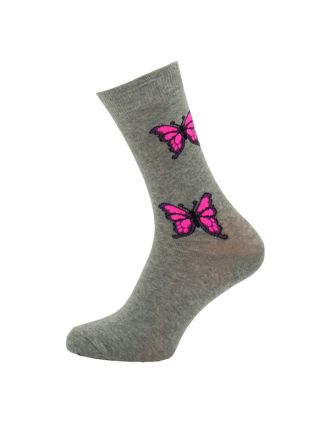 Ladies Ankle Pink Butterfly On Grey Socks