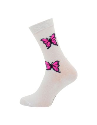 Ladies Ankle Pink Butterfly On White Socks