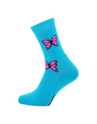 Ladies Ankle Pink Butterfly On Turquoise Socks